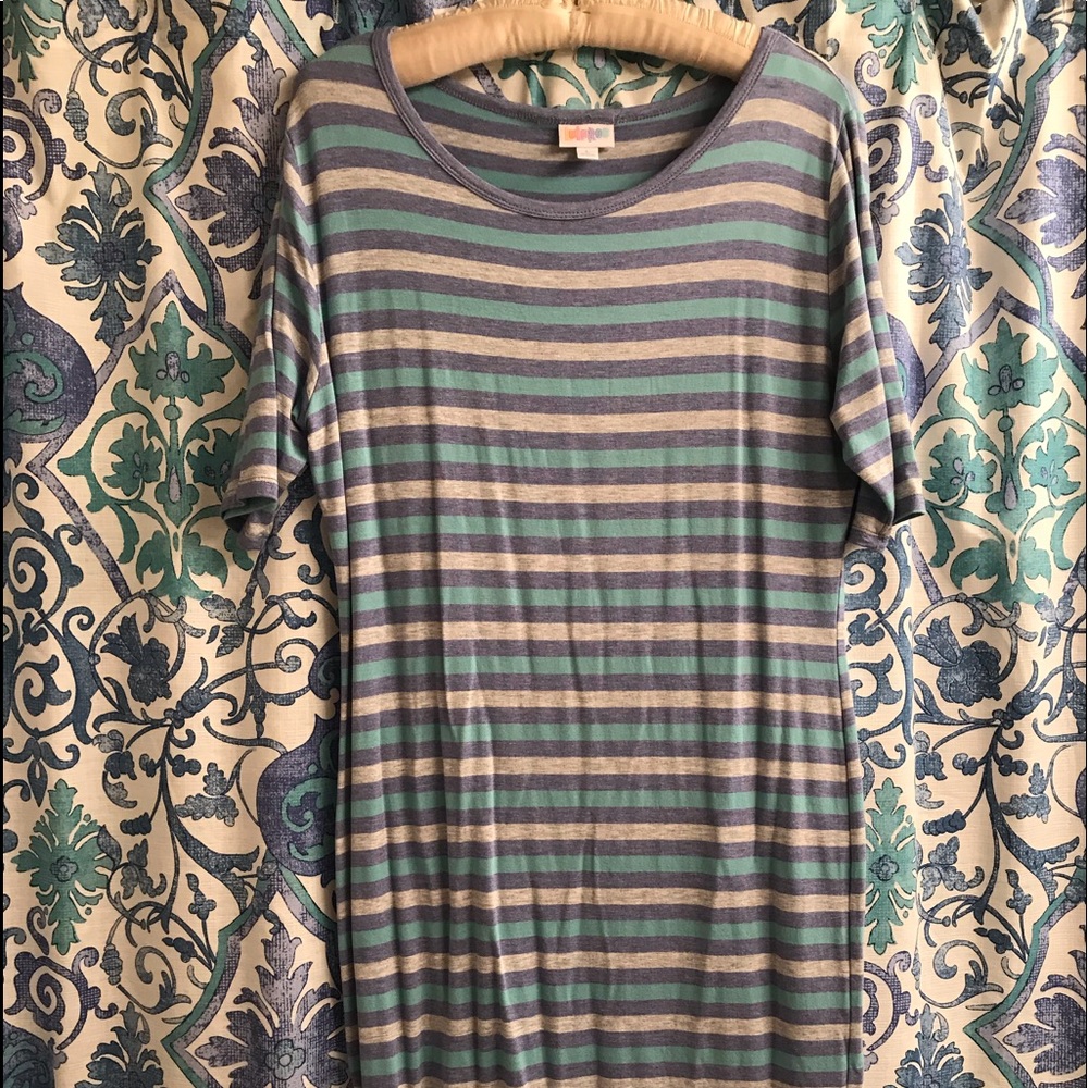 Lularoe Striped Julia Size L Blue, Grey, and Cream